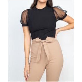 LEA RIBBED SHEER PUFF SLEEVE TOP