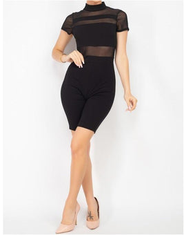 Rider Stripe Mesh Mock Neck Biker Romper